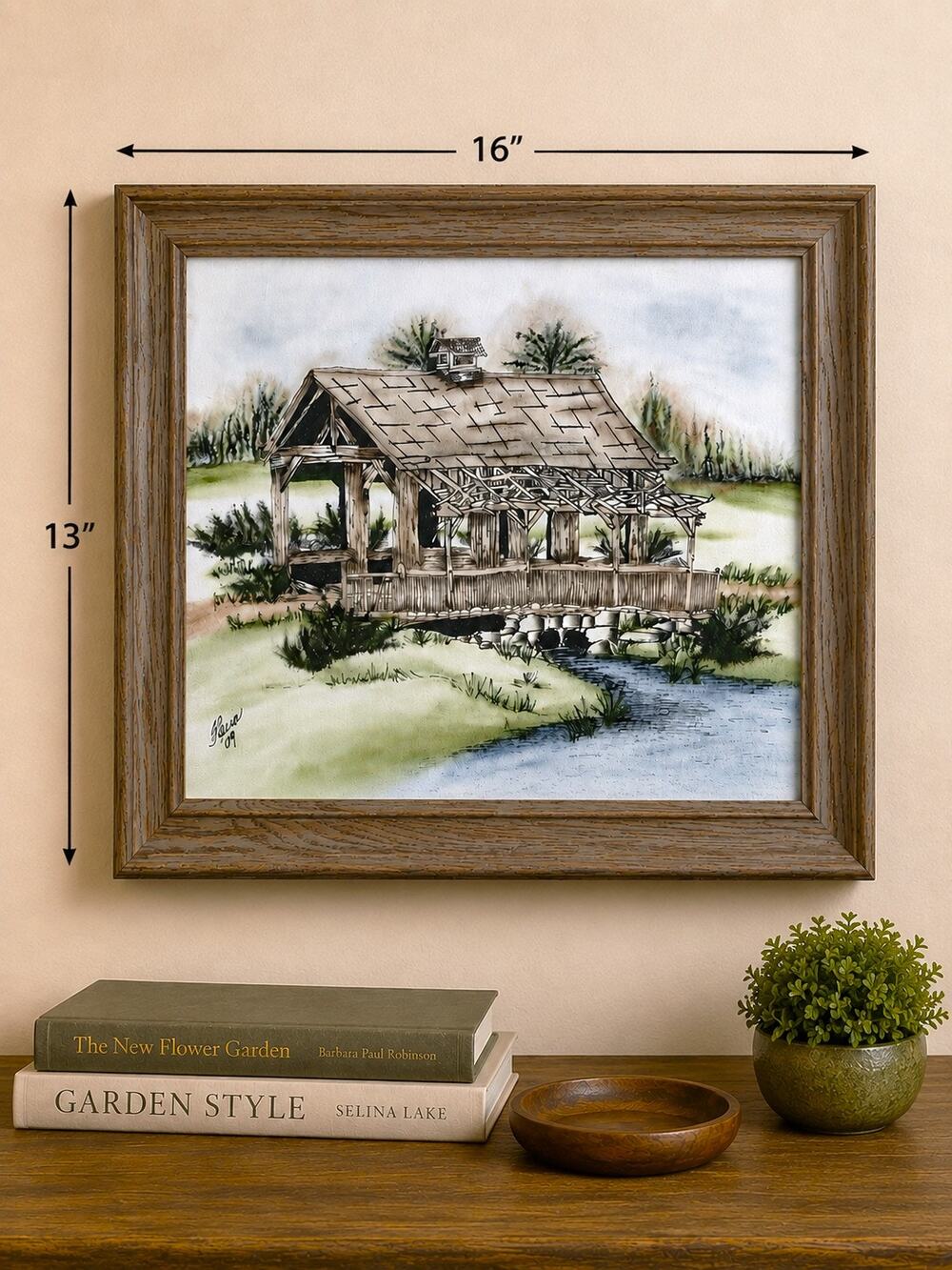 Original Pen Ink Oil Rouging Painting Covered Bridge Landscape Signed 2009 Frame